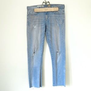 Anthropologie Light Wash Distressed Paint Splatter Crop Straight Jeans Raw Hem